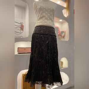 Y2K Dark Brown Crinkled Texture Pleated Midi Skirt with Sequins and Lace Trim